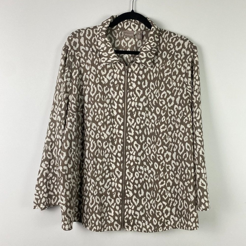 Chicos Animal Print Jacket Womens 3 US XL Taupe Full Zip Lightweight